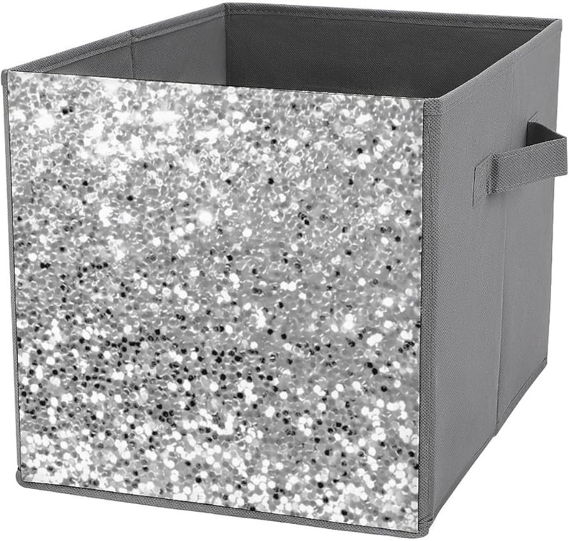 Storage Bin Foldable Silver Fabric with Glitter Front Panel Glam