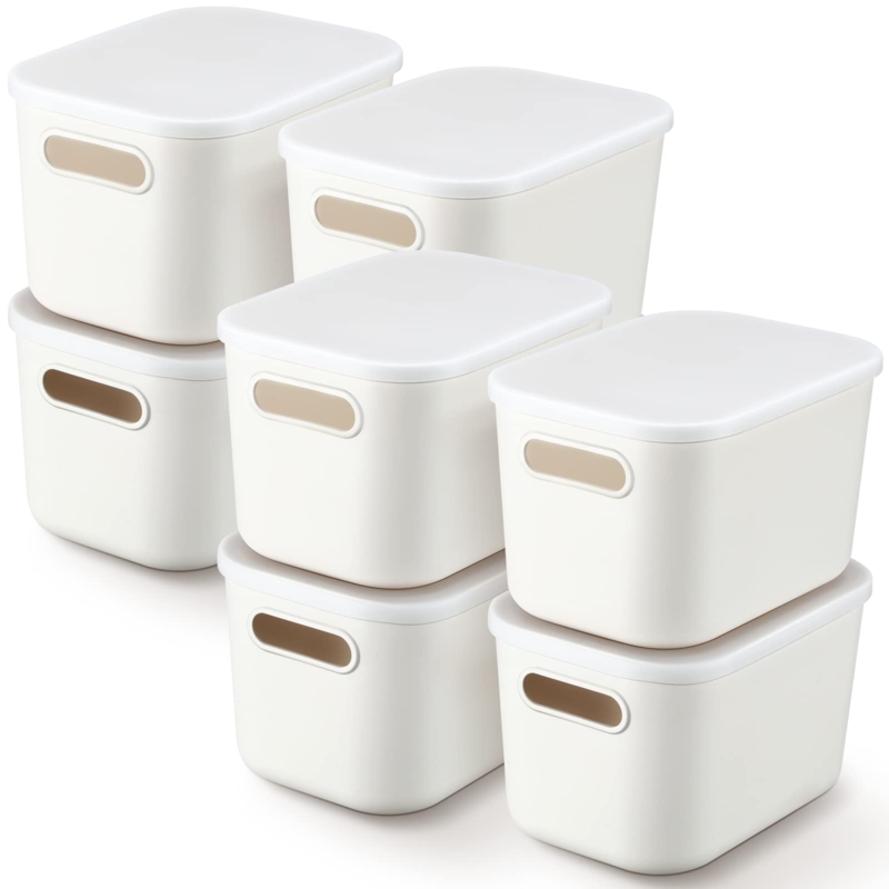 Storage Bin Set of 8 Plastic with Lids for Office Shelf Organization