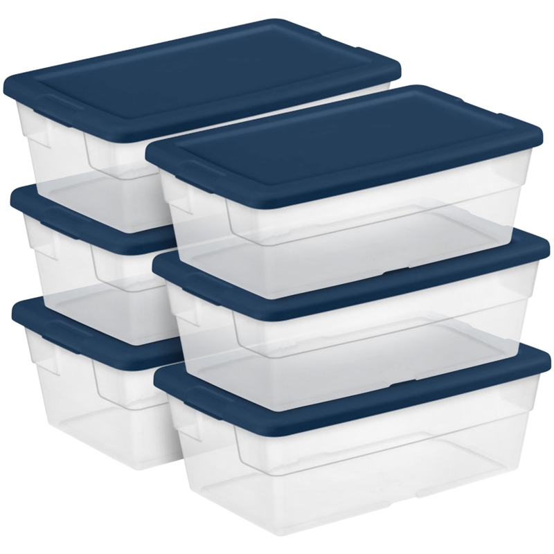 Storage Bin Stackable Clear Base With Marine Blue Latches