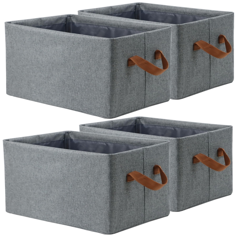 Storage Bins Set, Heathered Gray Fabric with Metal Wire Frame and Handles