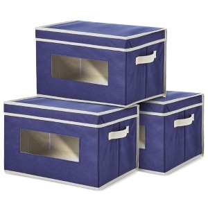 Storage Bins Set of 3 Navy Blue Fabric with Tan Handles