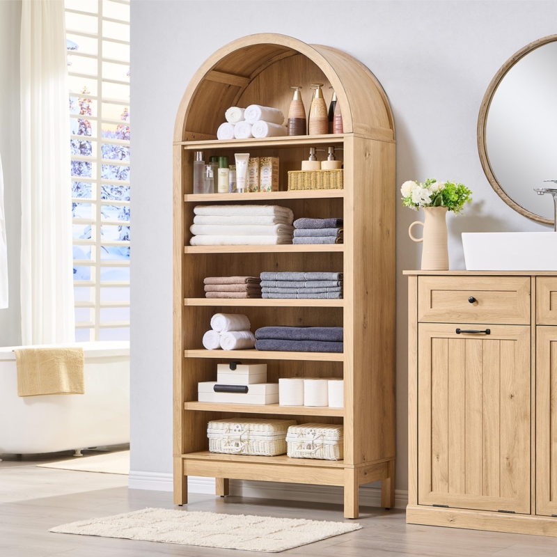 Storage Cabinet Arched Top, Natural Wood, Seven-Tier, Glass Doors