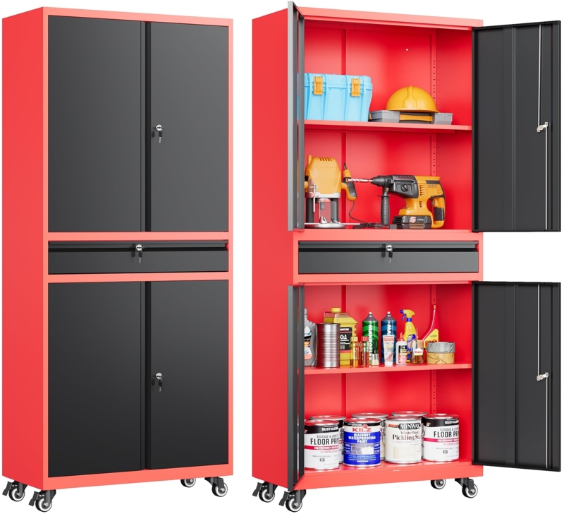 Storage Cabinet Black Metal with Red Accent Trim Top Drawer Rolling