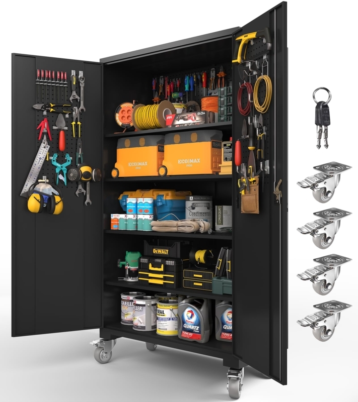 Storage Cabinet: Rolling Matte Black Metal Unit with Integrated Pegboard