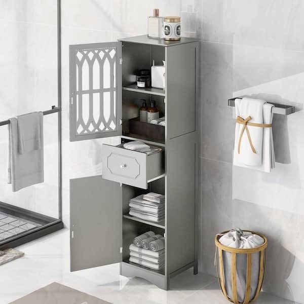 Storage Cabinet Slate Gray Finish, Shaker Doors, Narrow Bathroom Tower