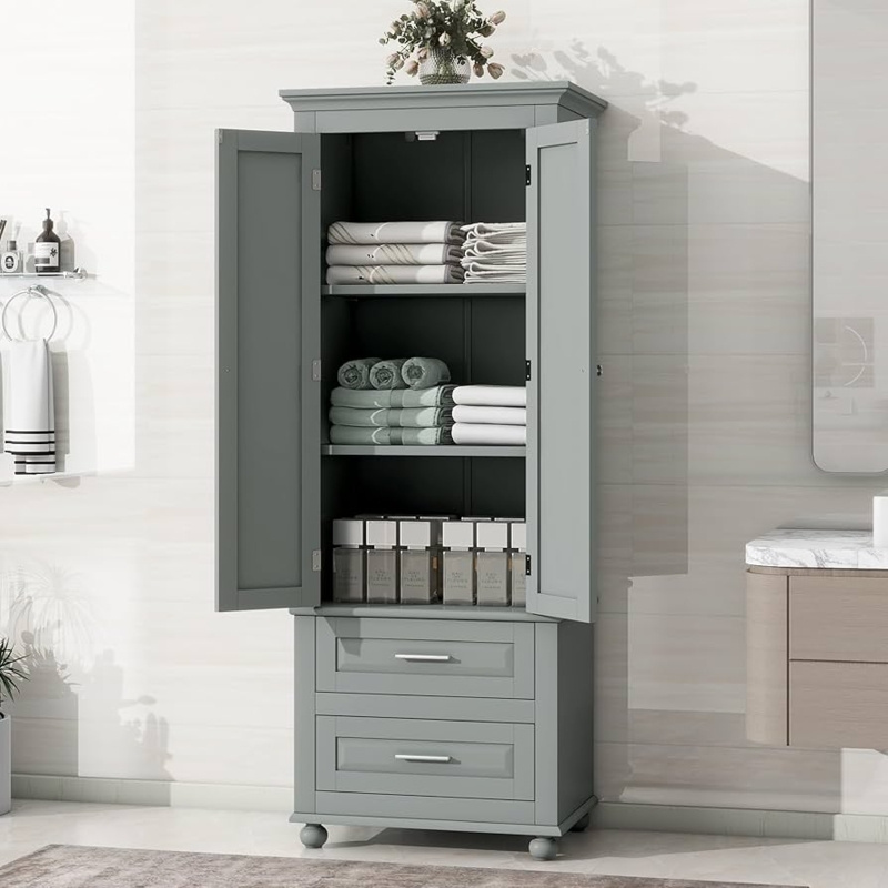 Storage Cabinet Tall Narrow Lattice Glass Door Grey Finish