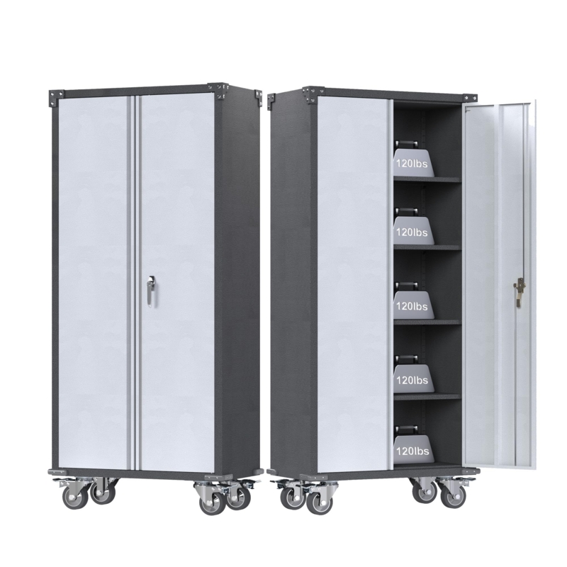 Storage Cabinet Two-Tone Black and Gray Locking Casters Metal