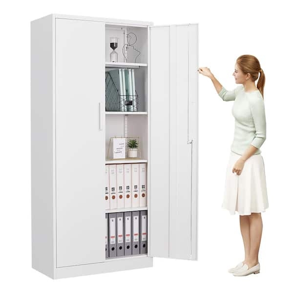 Storage Cabinet White Metal Tall Profile Recessed Handles Matte