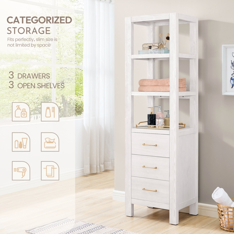Storage Cabinet Whitewashed Finish with Black Hardware and Open Shelves.