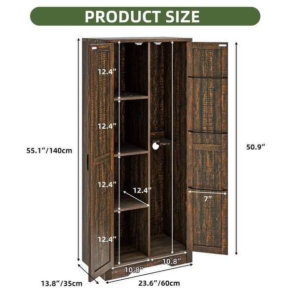 Storage Cabinet with Broom Closet Partition and Long Black Hardware
