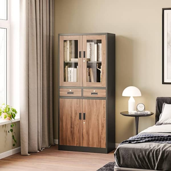 Storage Cabinet with Brown Metal Frame and Stacked Glass Doors