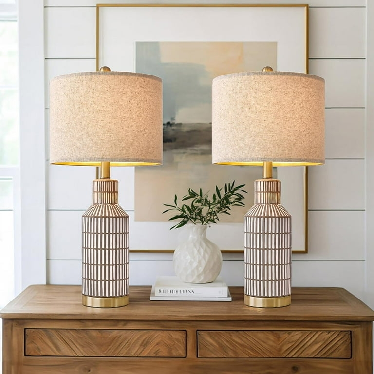 Striped Ceramic Table Lamps Set Brown and White with Gold Metal Base