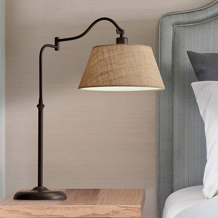 Swing Arm Lamp Antique Bronze with Rustic Burlap Shade