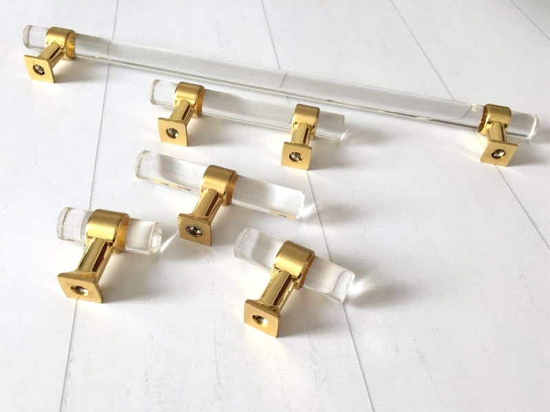 T-Bar Cabinet Pull with Acrylic Bar and Brushed Gold Base