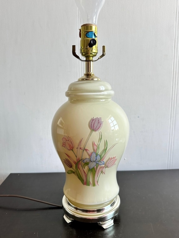 Table Lamp 1980s Style Vintage Floral Glass Beige Pleated Shade