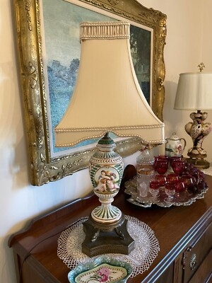 Table Lamp 3D Floral Porcelain Base Ruffled Shade Vintage