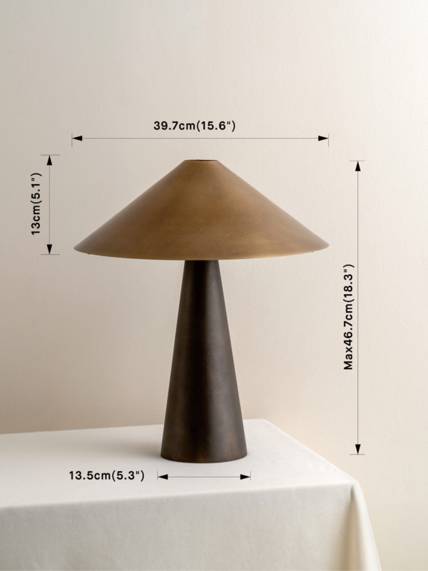 Table Lamp: Aged Brass and Bronze Cone Shade Mid-Century Modern Accent.