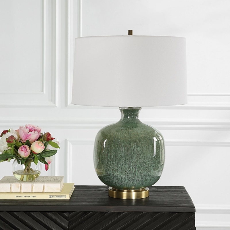 Table Lamp Aged Green Finish Pitted Texture Gourd Silhouette Rustic