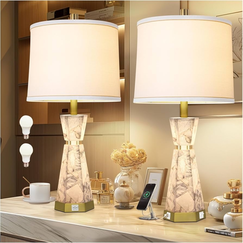 Table Lamp Alabaster Base Integrated USB Modern Bedside Lighting