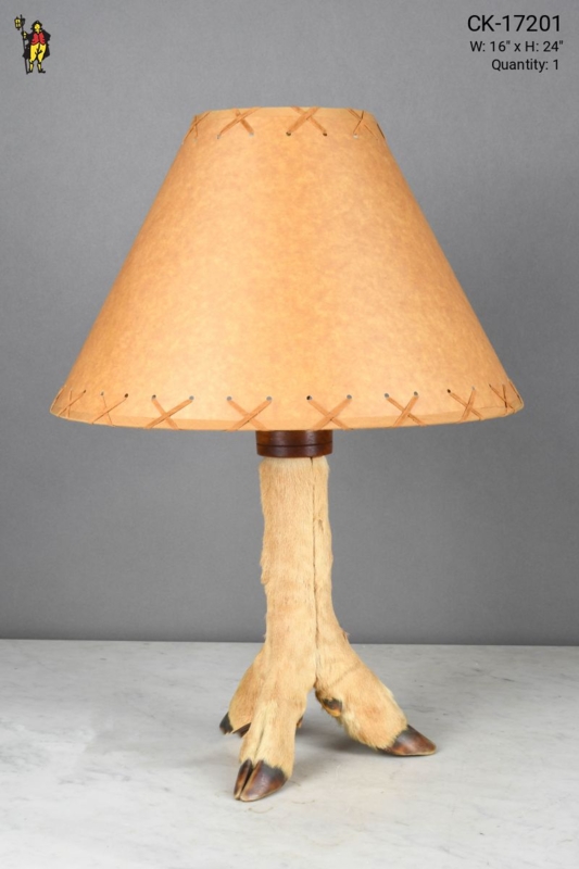 Table Lamp: Animal Skin Shade on Three Footed Tripod Base, Rustic Style.