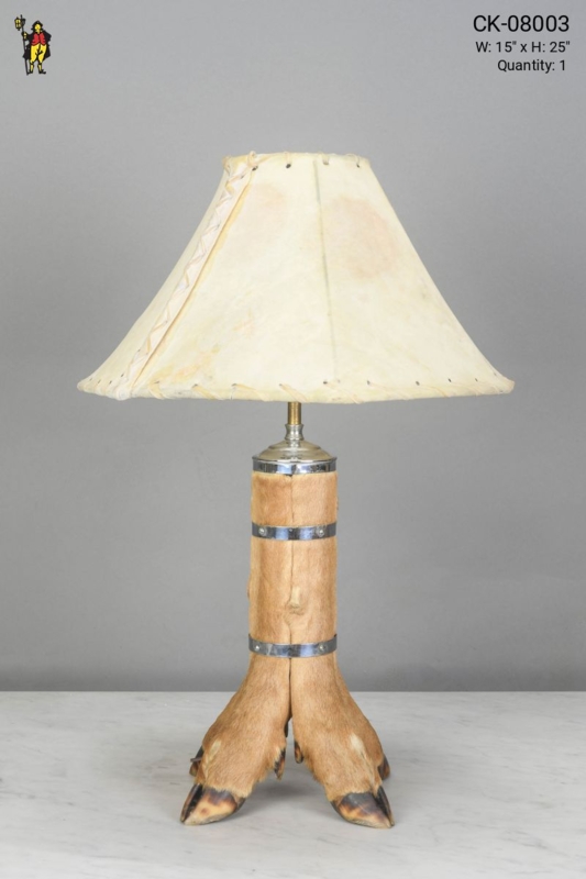 Table Lamp: Antique Bronze Animal Figurine Base, Tapered Drum Shade.