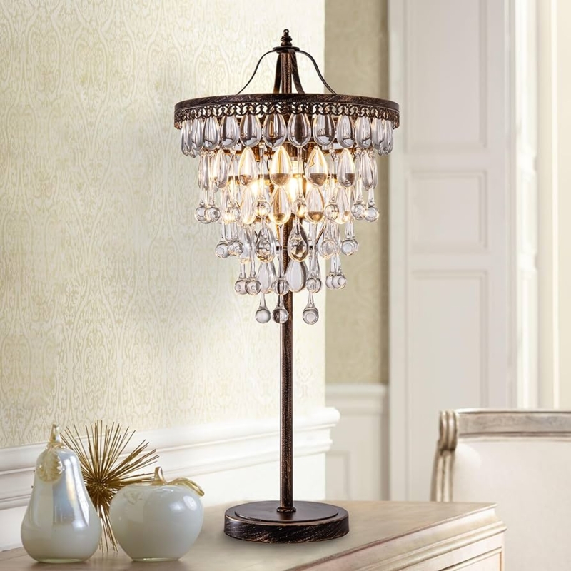 Table Lamp, Antique Bronze Candelabra, Cascading Crystal Accents