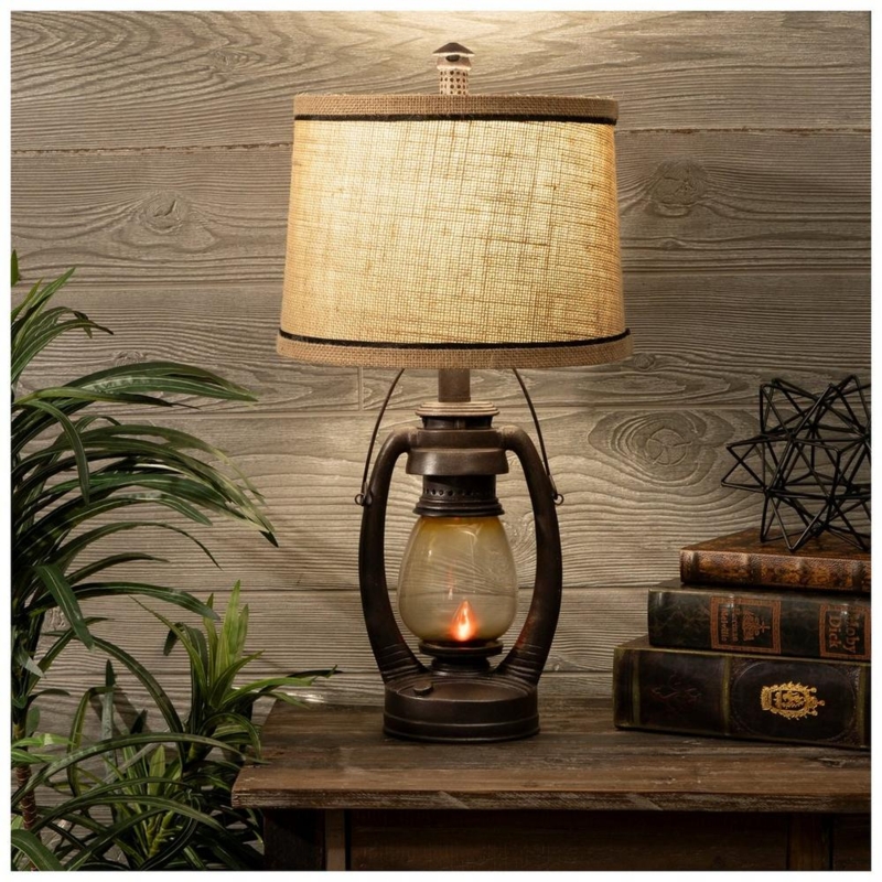 Table Lamp Antique Bronze Lantern Burlap Shade Rustic Lighting