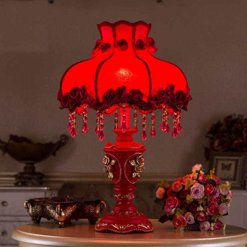 Table Lamp Antique Floral Fringe Beaded Burgundy Fabric Rose