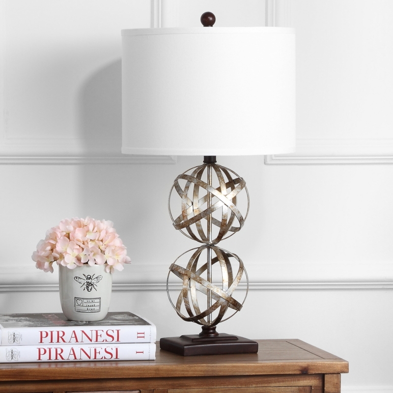 Table Lamp Antique Silver Stacked Sphere Body White Drum Shade