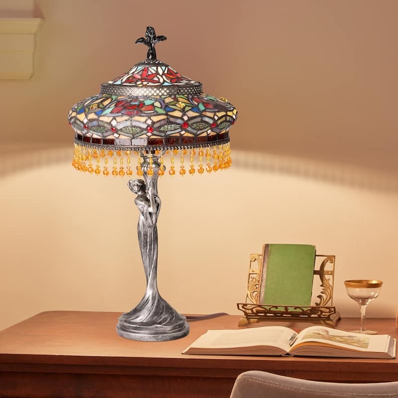 Table Lamp, Antique Silver Tiffany Style, Stained Glass Bell Shade, Ornate