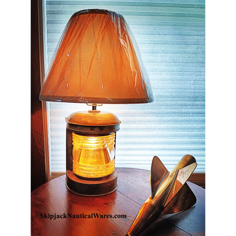 Table Lamp Antique Stern Light Lantern Weathered Patina Ribbed Glass