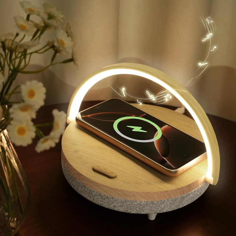 Table Lamp Arched LED Strip Wood Grain Base Bluetooth Speaker