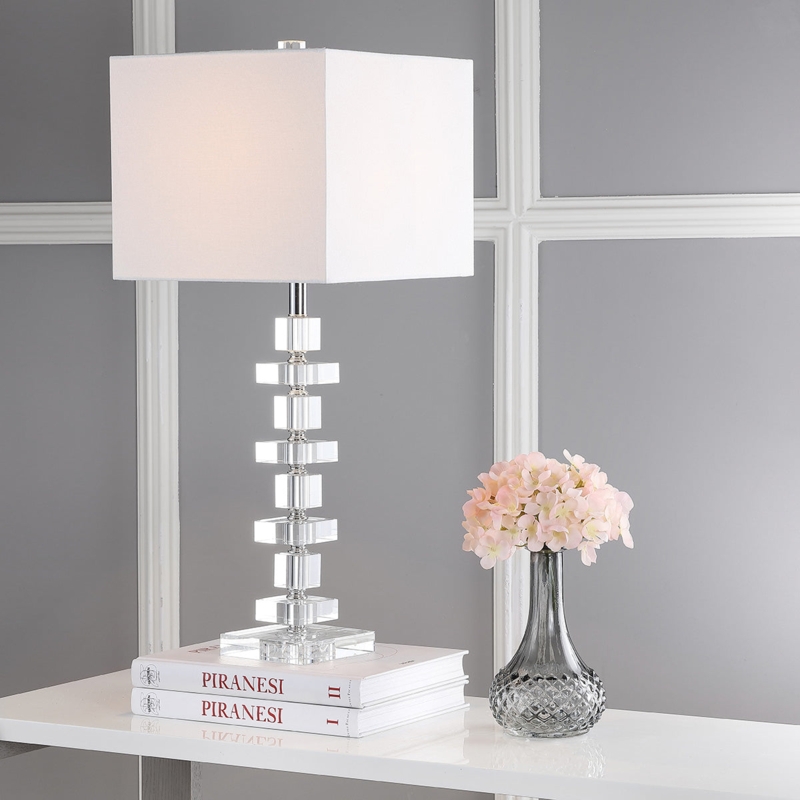 Table Lamp, Art Deco Crystal Base, Rectangular White Fabric Shade