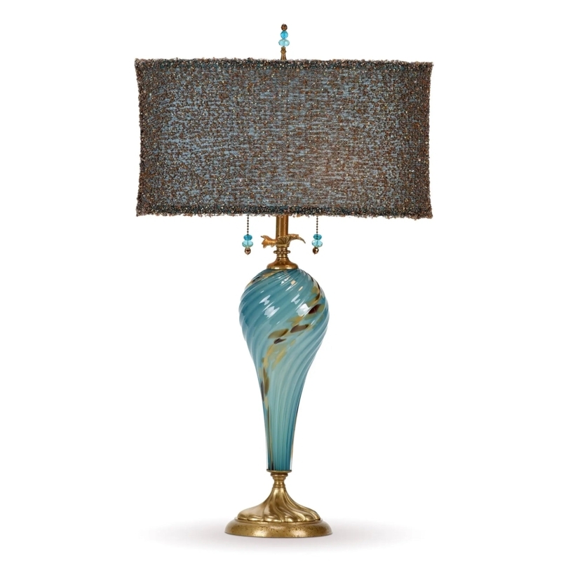 Table Lamp Artisan Beaded Fringe Shade Swirled Blown Glass Base