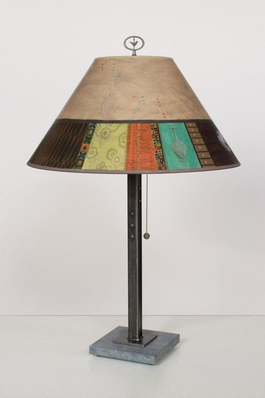 Table Lamp Artisanal Dark Metal Sculpted Stem Tapered Base Conical Shade