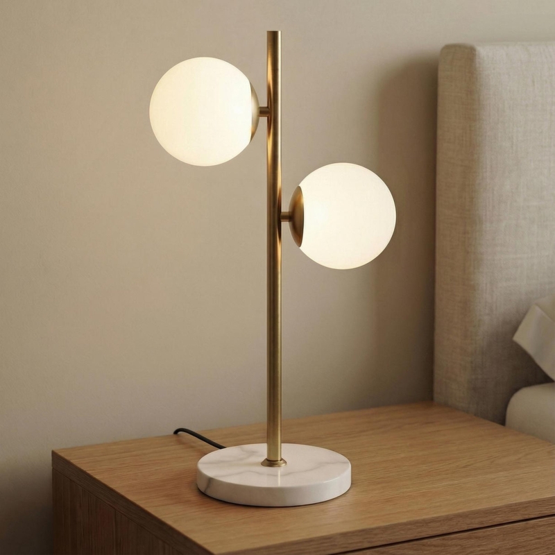 Table Lamp Asymmetric Globes Aged Brass Marble Base Frosted Glass