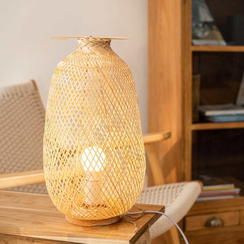 Table Lamp Bamboo Slat Base Woven Mesh Shade Boho Coastal Bedroom