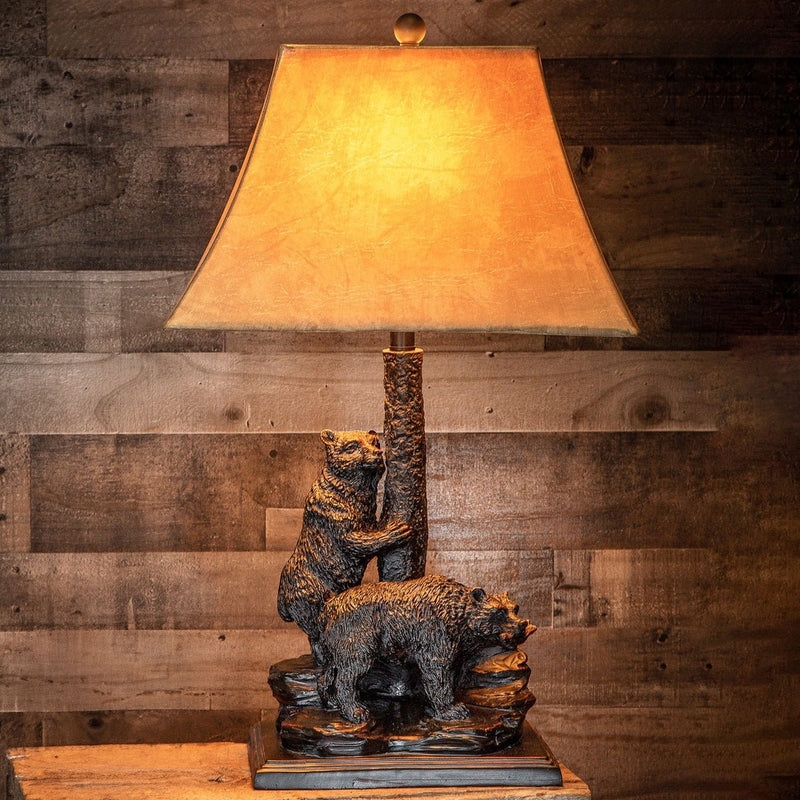 Table Lamp Bear Figurine Rock Like Texture Base Cabin Style