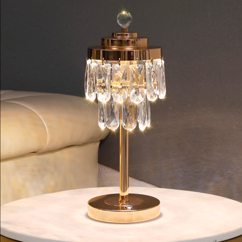 Table Lamp, Beveled Crystal Shade, Polished Gold Pedestal Base
