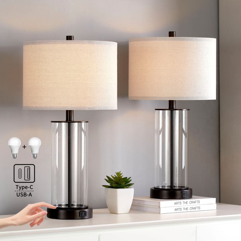 Table Lamp Black Metal Base Pull Chain Switch AC Outlet