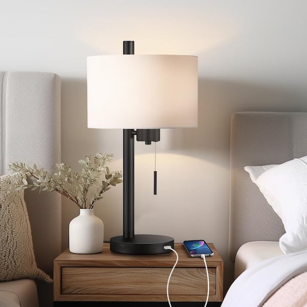 Table Lamp Black Metal Base USB Charging Port White Linen Shade