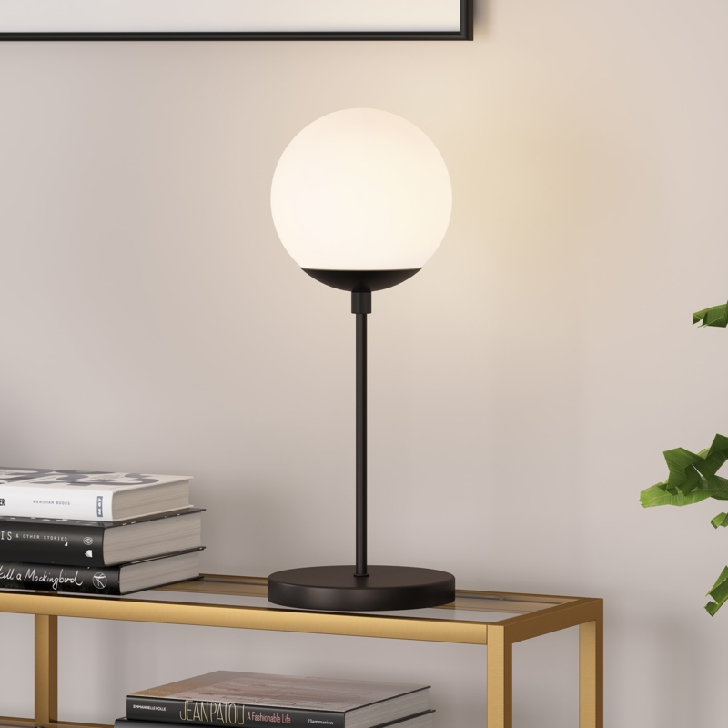 Table Lamp Blackened Bronze Finish Open Ring Frame Frosted Sphere