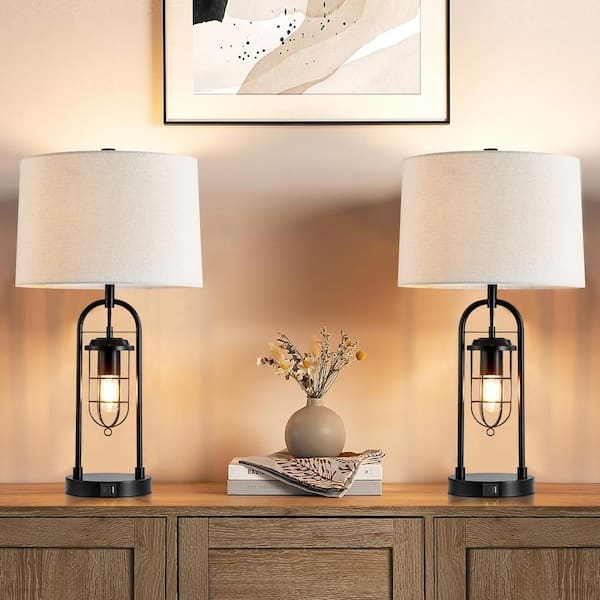 Table Lamp Blackened Bronze Finish Pull Chain Switch Drum Shade Industrial