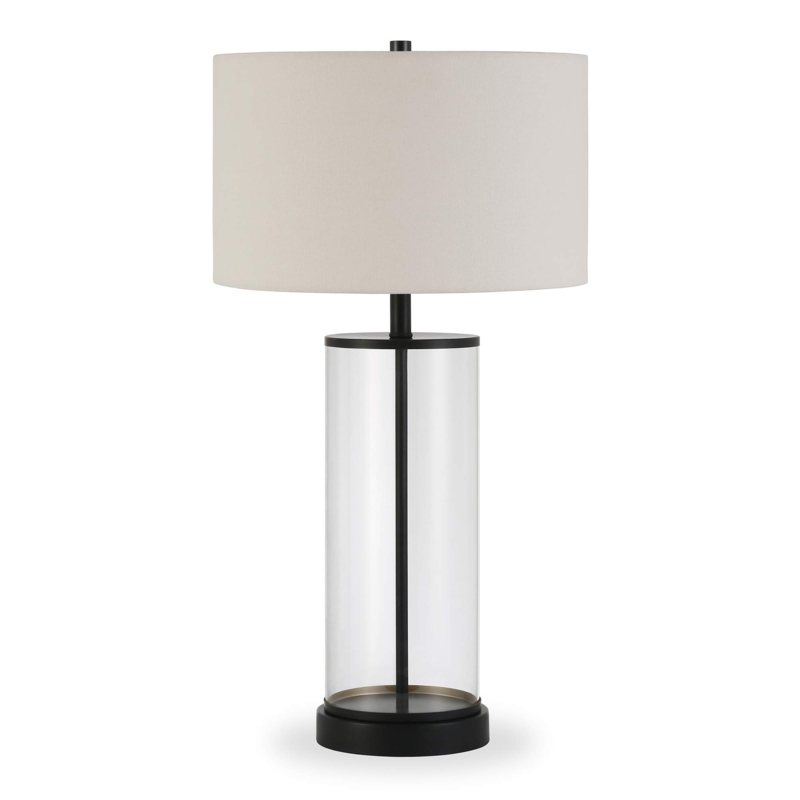 Table Lamp Blackened Bronze Open Frame Base White Drum Shade Industrial