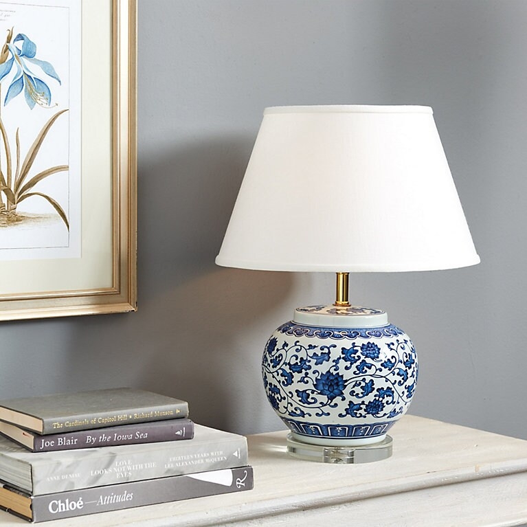 Table Lamp Blue and White Chinoiserie Ceramic Round Base