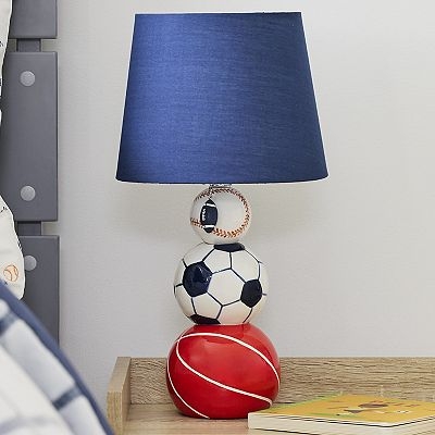 Table Lamp Blue Trim Shade Stacked Basketball Football Baseball Base