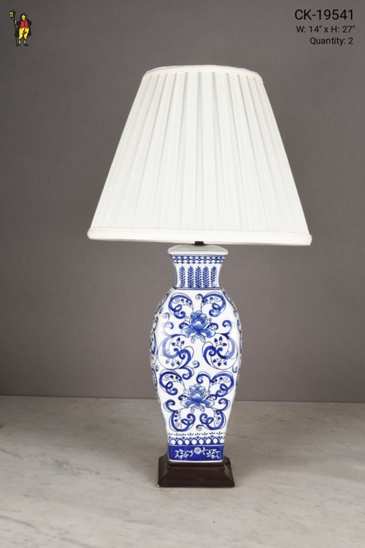 Table Lamp Blue White Floral Ceramic Pleated Empire Shade
