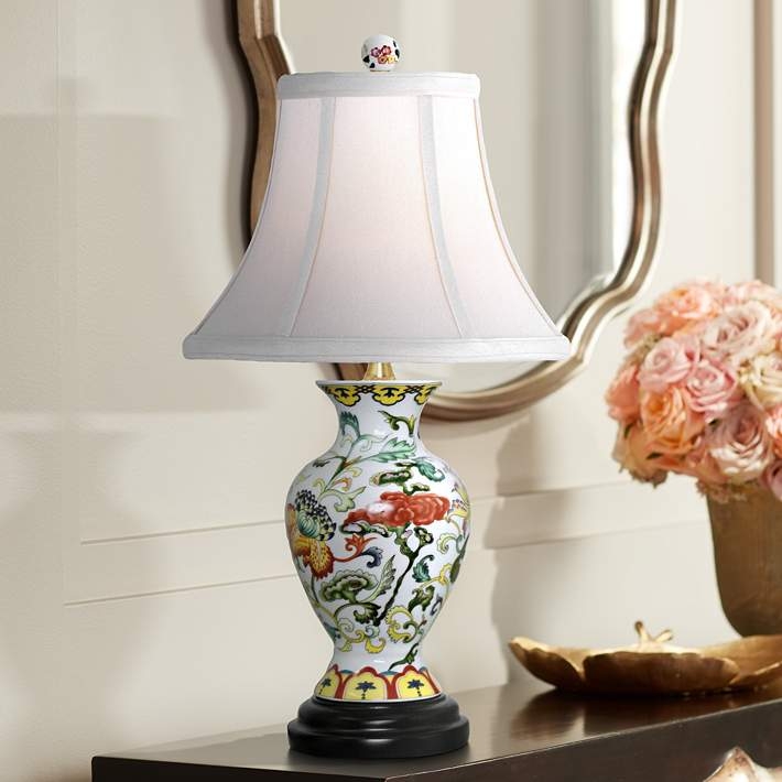 Table Lamp Blue White Scrolled Pattern Urn Style Pleated Shade