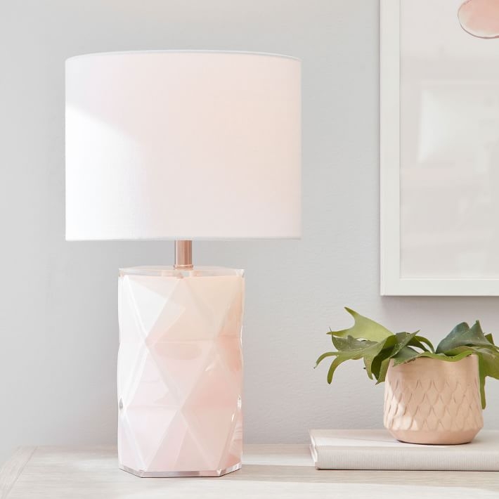 Table Lamp: Blush Ombre Prism Base, Faceted Finish. Prism Base Lighting.