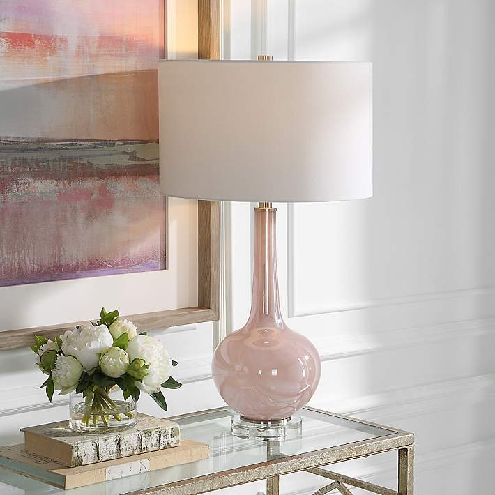 Table Lamp: Blush Pink Glass Vase Silhouette, Drum Shade. Bedside Lighting.